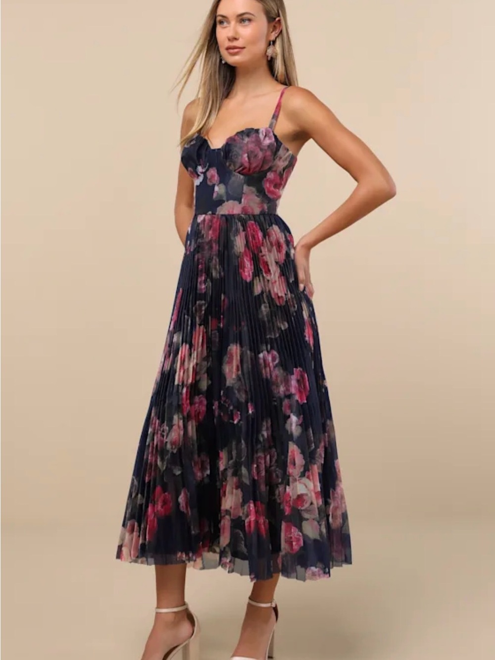 Lulu's Navy Floral Pleated Midi Dress with Pink Blooms
